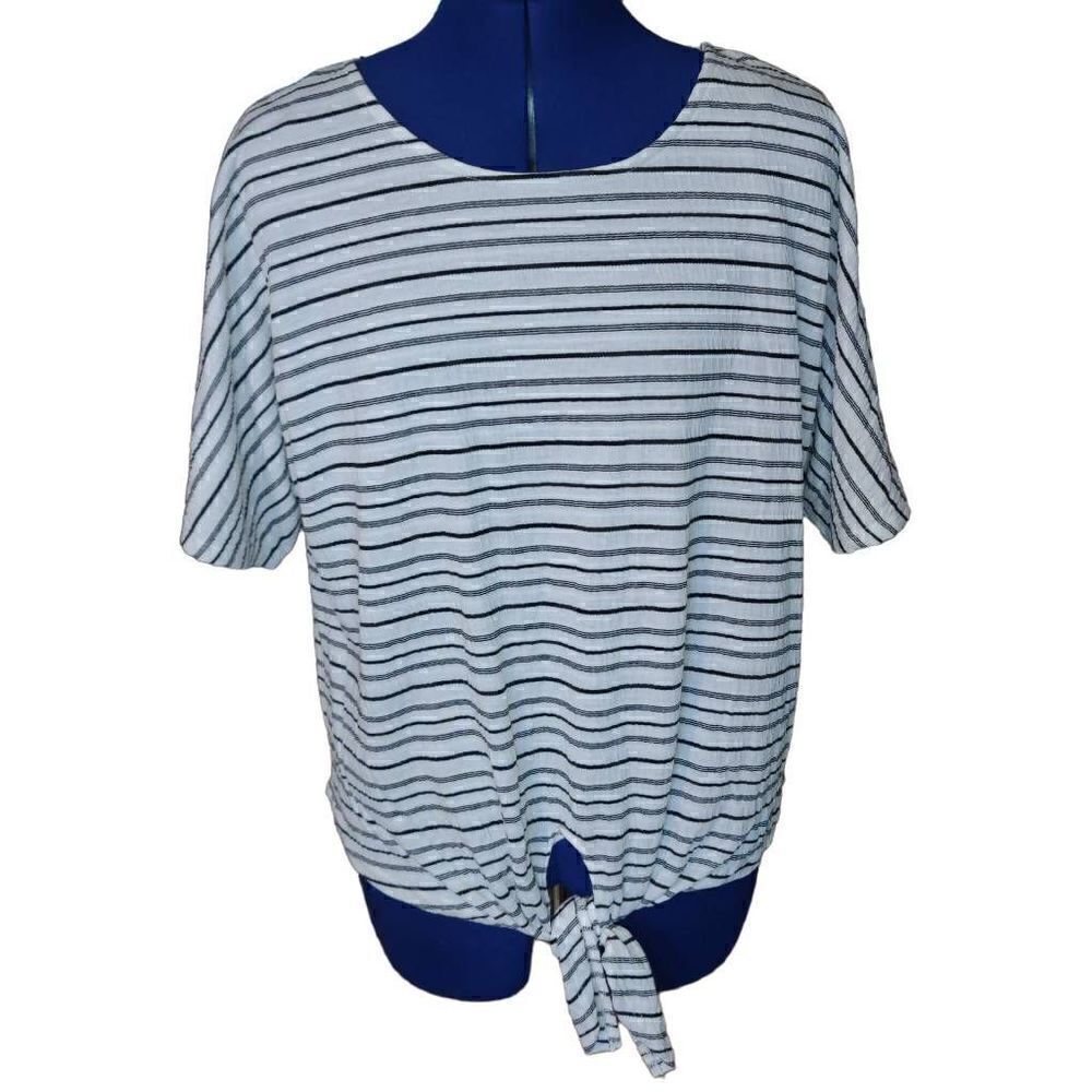Nine West Women's Striped Bateau Neckline Tie knot Hem Shirt White Medium